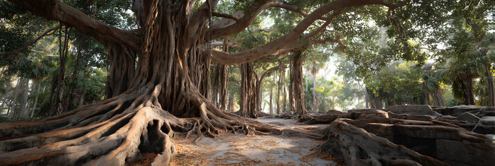 Majestic Banyan Tree with Intricate Exposed Roots: A Symbol of Nature's Strength and Resilience in Vibrant Greenery and Serene Landscape Setting