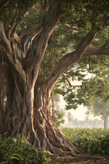 Majestic Banyan Tree with Intricate Exposed Roots: A Symbol of Nature's Strength and Resilience in Vibrant Greenery and Serene Landscape Setting