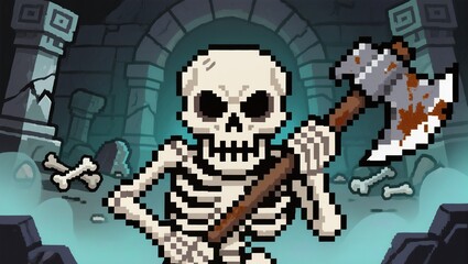 Pixelated skeleton wielding an axe in a dungeon.