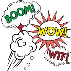 Colorful Comic Book Style Speech Bubbles with Expressions boom wow wtf Vector Illustration © design png