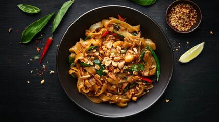 Pad see ew thai stir-fried rice noodles with vegetables and meat on black background, top view food photography, authentic asian cuisine dish




