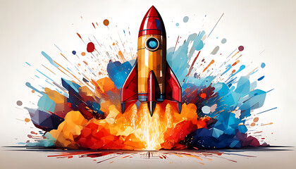 Vibrant rocket launch illustration embodying innovation and technological advancement