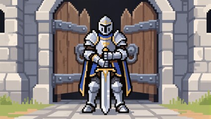 Pixelated knight in shining armor stands guard at a castle gate.