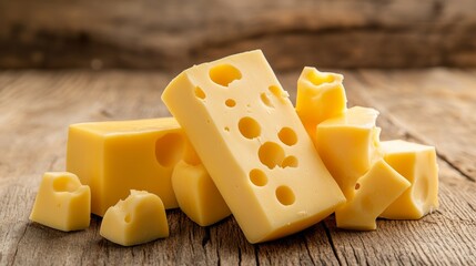 Close-up of sliced yellow swiss cheese with characteristic holes, fresh and creamy texture ideal for culinary designs, food presentations, recipes, and gourmet concepts




