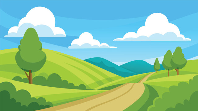 Vibrant green rolling hills with winding path and fluffy clouds
