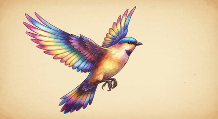 Obraz premium A vibrant, rainbow-hued bird in flight, depicted in a detailed artistic rendering.