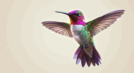 Fototapeta premium Colorful hummingbird with outstretched wings, featuring vibrant purple, green, and red plumage against a soft background.