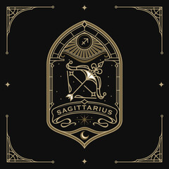 sagittarius zodiac sign astrology horoscope, tarot, fortune teller. gold Vintage mystical illustration outline hand drawing, magical esoteric horoscope template print and poster on black background
