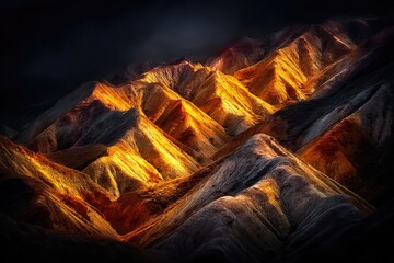 Golden, jagged mountain ranges bathed in dramatic light