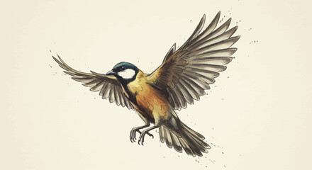 Fototapeta premium A detailed illustration of a Eurasian tit in flight, showcasing its wings outstretched.