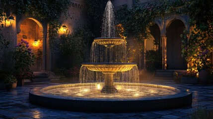 Enchanting illuminated fountain amidst historical architecture at twilight hour