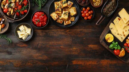 Rustic top view of raclette cheese appetizer meal with melted cheese, sliced potatoes, pickles, and cured meats on wooden table




