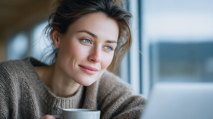 Moment of Reflection: A woman with serene expression is gazing out the window, drinking coffee, creating a perfect moment of introspective peace.