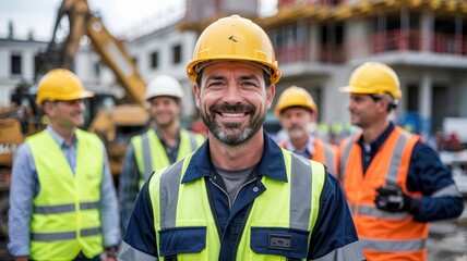 Happy construction workers wearing safety helmets at building site