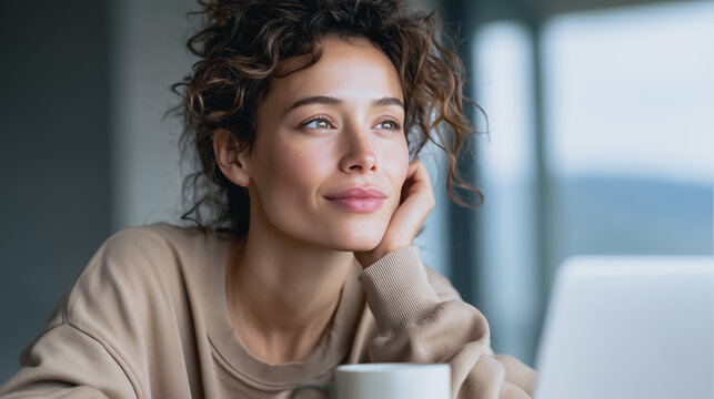 Contented Contemplation: A woman exudes tranquility, gazing out the window with a gentle smile, lost in thought as she holds a mug, while a laptop sits closeby.