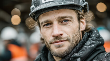 An industrial engineer in a safety helmet, portrayed in a factory setting with a soft background.