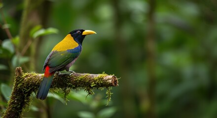 Colorful tropical bird perched on a moss-covered branch amidst lush green foliage in a serene rainforest setting