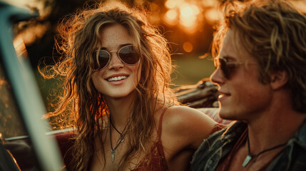 Romantic couple enjoying a vintage convertible ride with wind-blown hair during golden hour.