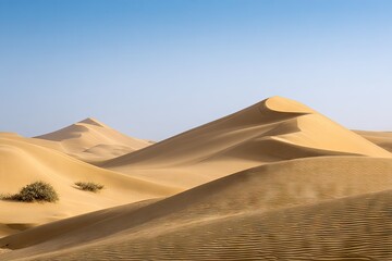 Desert dunes under a pale blue sky