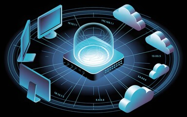 Digital security and cloud computing network concept with glowing central hub