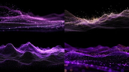 Four panels display abstract, undulating terrains of sparkling particles against a black background