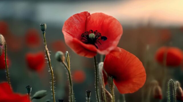 Vibrant red poppy blossoms in a vast field at golden sunset, evoking remembrance and honor for veterans day and remembrance day with a poignant &lsquo;lest we forget&rsquo; atmosphere