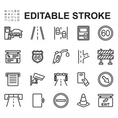 Toll road icon set. Thin line style vectors. Contains icons such as toll cards, road signs, toll gates, and more.