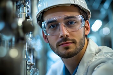 Portrait of an engineer working in an industrial factory, representing technical expertise and innovation in manufacturing processes, Generative AI