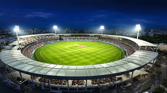 A panoramic view of a vibrant cricket stadium at night, bustling with enthusiastic fans and bright lights