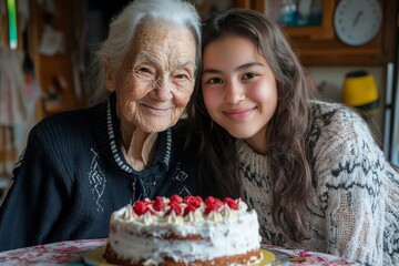 Elderly grandmother and adult granddaughter sitting at a table at home, enjoying cake together, symbolizing intergenerational bonding and the joy of family time, Generative AI