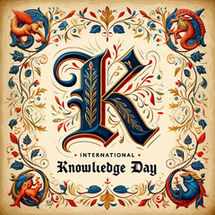 Ornate initial k for international knowledge day with decorative border