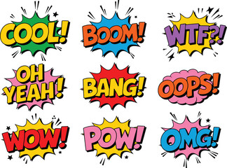 Comic pop art exclamations, colorful cartoon text effects, retro comic speech bubbles, fun typography design, vector expressions, vibrant comic style © Titan