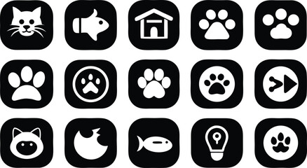 Collection of Black and White Icons Featuring Pets and Paw Prints symbol animal