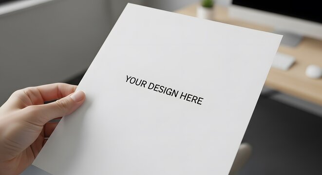 Hand holding a blank white A4 paper mockup against a blurred office desk background. Template for flyer, resume, or document presentation.