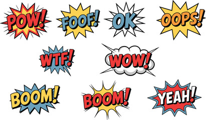Comic book speech bubbles, colorful sound effects, cartoon expressions, pop art style, explosion graphics, vibrant text, onomatopoeia words, comic style icons