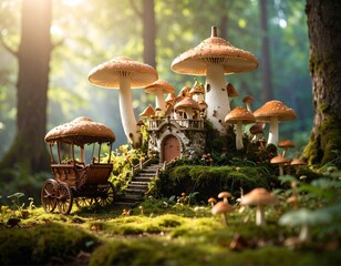 mushroom houses in the sunny forest