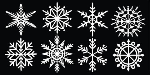 Elegant White Snowflake Collection on Black Background for Winter Holiday Designs and Christmas Theme Projects