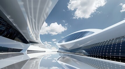 Futuristic architecture with solar panels and reflective surface under a cloudy blue sky rendering