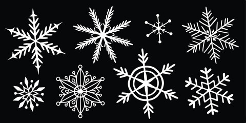 Variety of Hand Drawn White Snowflakes on Black Background Perfect for Winter Designs and Holiday Greetings © design png