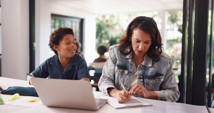 Education, laptop or remote work with mother and son in home for attention, business or homework. Computer, distraction or learning with boy student and woman parent in apartment for freelance job