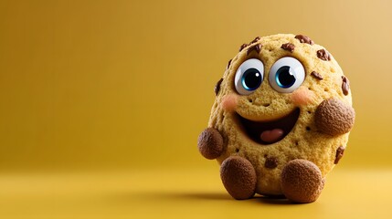 Cartoon Cookie Character with Googly Eyes and Rosy Cheeks on Yel