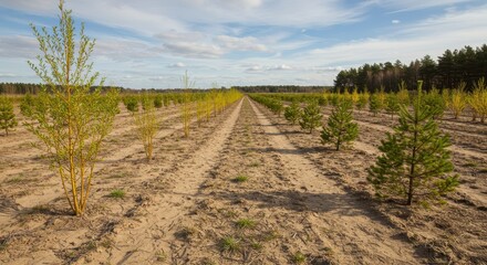 Obraz premium New Tree Plantations in Open Field with Clear Blue Sky and Cloudy Background