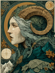 Obraz premium Art Nouveau Zodiac Poster – Capricorn Priestess with Horns and Mountain Symbols