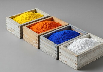 Vector art of four wooden boxes filled with colorful powders, pigments, and dyes
