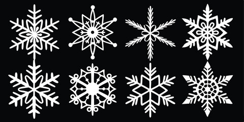 Elegant Snowflakes Collection with Intricate Designs in White on Black Background Perfect for Winter Themes
