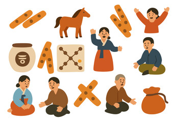 Yutnori Korean Folk Game Illustration Set, Traditional Family and Lunar New Year Scene, Isolated Characters and Props