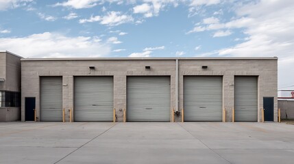 Fototapeta premium Commercial Building with Garage Doors Under Cloudy Sky