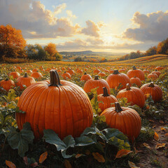 Painting of pumpkins in a field.