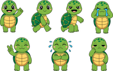 Obraz premium Cute cartoon turtle character set, various emotions, kawaii turtle expressions, baby turtle mascot, vector illustration for kids design, adorable animals