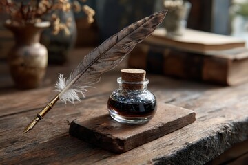 Quill pen resting next to glass inkwell on rustic wooden desk with worn books and dried flowers in cozy room atmosphere